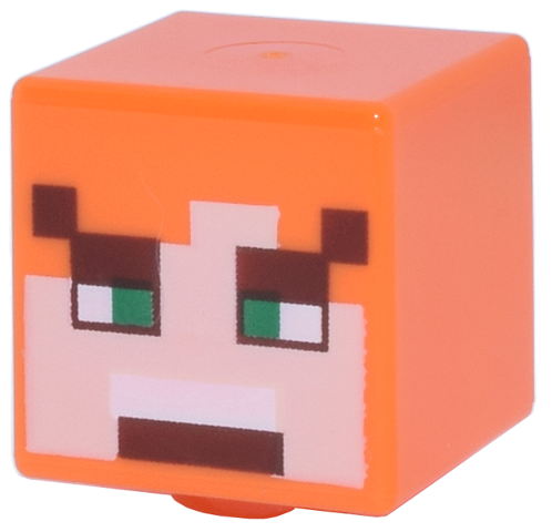 Minifigure, Head, Modified Cube with Pixelated Light Nougat Face, Green Eyes, Reddish Brown Eyebrows and Angry Open Mouth with Top Teeth Pattern (Minecraft Alex)