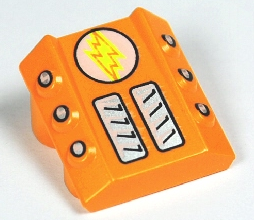 Brick, Modified 2 x 2 No Studs, Sloped with 6 Side Pistons Raised with Yellow Lightning Bolt on White Circle, Air Vents Pattern