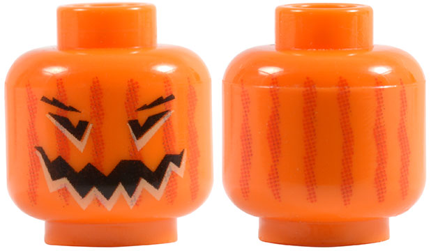 Minifigure, Head Pumpkin Jack O' Lantern with Red Vertical Faded Lines on Back Pattern