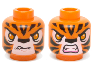 Minifigure, Head Dual Sided Alien Chima Tiger Orange Eyes, Fangs and Black Stripes, Neutral / Angry Pattern (Tormak)