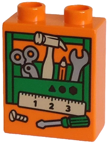 Duplo, Brick 1 x 2 x 2 with Green Toolbox with Silver and Tan Tools, Screw and Ruler Pattern