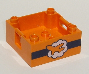 Duplo Container Box 4 x 4 with Studs on Corners with Orange Airplane on White Cloud and Dark Blue Stripe Pattern on Both Sides