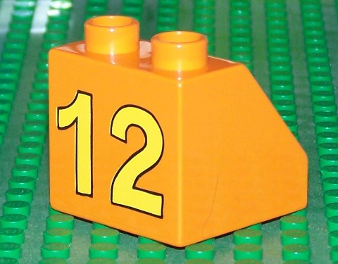 Duplo, Brick 2 x 2 x 1 1/2 Slope 45 with Yellow '12' Pattern