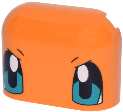 Brick, Round Corner 3 x 4 Double without Studs with Black Eyes with Dark Turquoise Irises and White Glints Pattern (Pokémon Charmander Face) in Orange