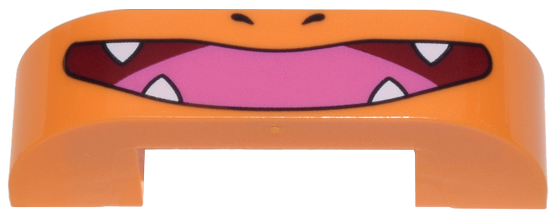 Slope, Curved 4 x 1 x 1 Double with Dark Red Mouth, Dark Pink Tongue, White Fangs and Black Nostrils Pattern (Pokémon Charmander Face) in Orange