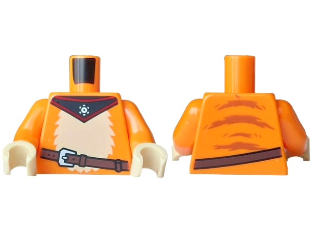 Orange torso with tan fur print on the front, a black cape collar, and a dark brown belt, with orange arms and tan hands.
