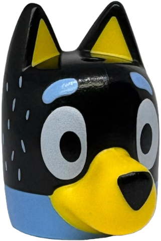 Minifigure, Head, Modified Dog (Cattle) with Straight Ears, Hole on Top with Molded Black Top and Yellow Muzzle and Auricles and Printed Eyes, Nose, Bright Light Blue Eyebrows and Fur Pattern