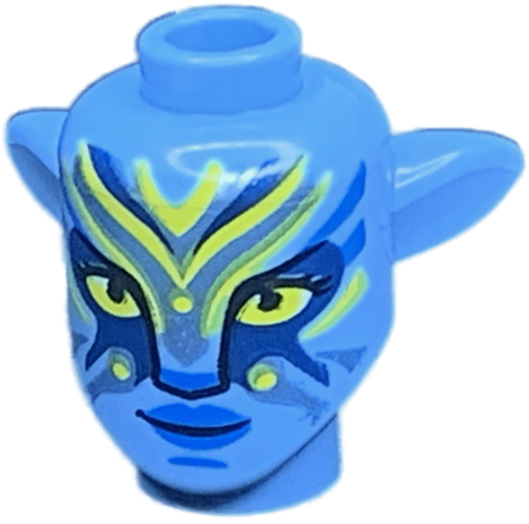 Minifigure, Head, Modified Alien Na'vi with Yellow Eyes, Blue Markings and Lips, Dark Blue and Metallic Light Blue War Paint, Closed Mouth Grin Pattern