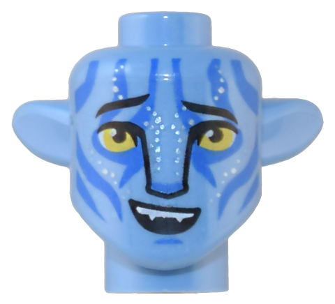 Minifigure, Head, Modified Alien Na'vi with Yellow Eyes, Silver Spots, Blue Markings, Raised Eyebrows, Lopsided Open Mouth Smile with Top Teeth Pattern
