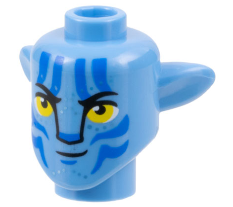 Minifigure, Head, Modified Alien Na'vi with Yellow Eyes, Silver Spots, Blue Markings, Smirk with Left Corner Lifted Pattern