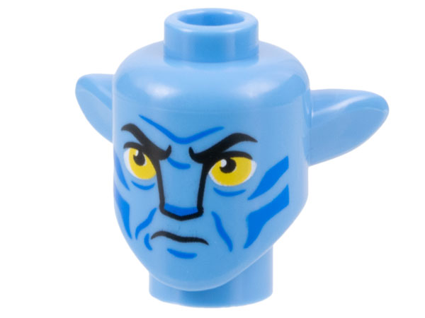 Minifigure, Head, Modified Alien Na'vi with Yellow Eyes, Blue Markings, Frown Pattern