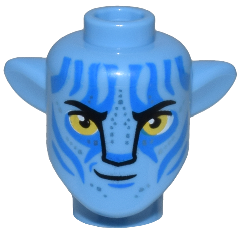 Minifigure, Head, Modified Alien Na'vi with Yellow Eyes, Silver Spots, Wide Blue Markings, Smirk with Right Corner Lifted Pattern