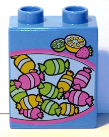 Duplo, Brick 1 x 2 x 2 with Candy and Fruit Pattern