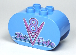 Duplo, Brick 2 x 4 x 2 Rounded Ends with V8 and 'Flo's Cafe' Pattern