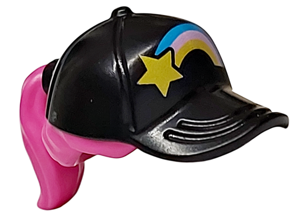 Minifigure, Hair Combo, Hair with Hat, Ponytail with Molded Black Ball Cap and Printed Dark Azure, Bright Pink and Yellow Rainbow and Star Pattern