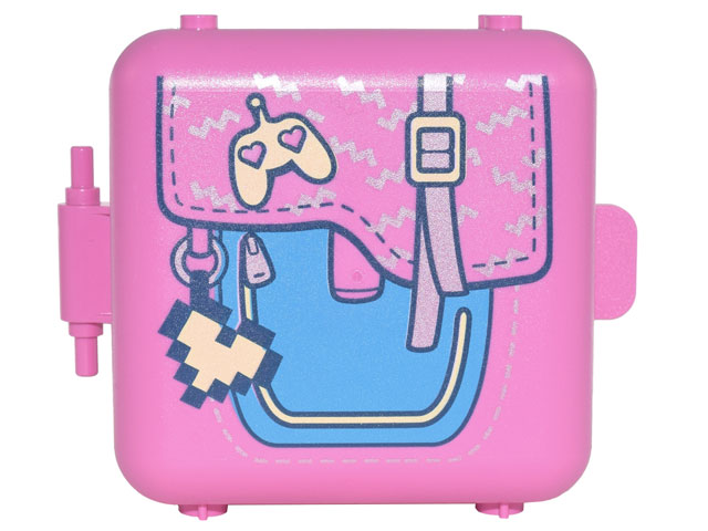 Container, Box 3 x 8 x 6 2/3 Half Front with Dark Azure Purse with Strap, Heart Game Controller Charm, Pixelated Heart Charm Pattern