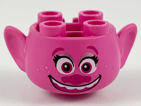 Minifigure, Head, Modified Trolls with Magenta Eyebrows, Eyes, and Nose, Black Eyelashes, Metallic Pink Eye Shadow and Freckles, Open Mouth Smile with Top Teeth Pattern