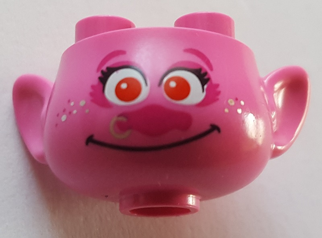 Minifigure, Head, Modified Trolls with Magenta Eyebrows, Eye Shadow, and Nose, Black Eyelashes, Red Eyes, Metallic Pink Nose Ring and Freckles, Grin Pattern