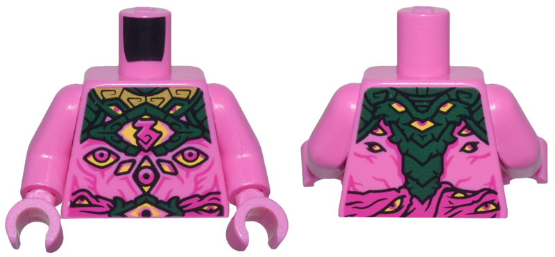 Torso Gold and Dark Green Armor Plates over Bare Skin with Muscles, Wrap Belt, Magenta and Yellow Eyes Pattern / Dark Pink Arms / Dark Pink Hands