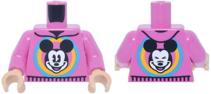 Dark pink torso with dark pink arms and medium tan hands. Features a Mickey Mouse graphic on the front and back.