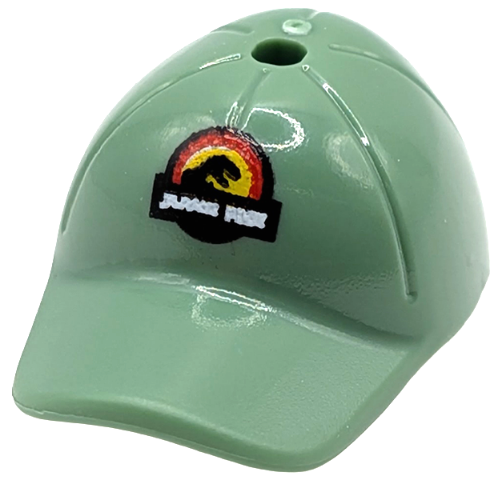 Minifigure, Headgear Cap - Short Curved Bill with Seams and Hole on Top with Jurassic Park Logo Pattern in Sand Green