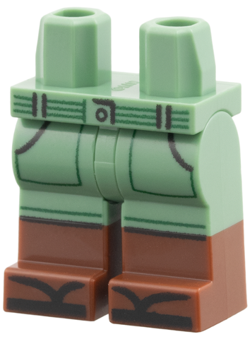Sand green legs with molded reddish brown lower legs, printed black sandals, and dark green belt stitching.