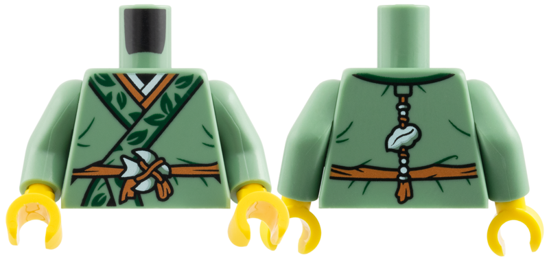 Sand green torso with a green leaf-patterned tunic and brown belt, sand green arms, and yellow hands.
