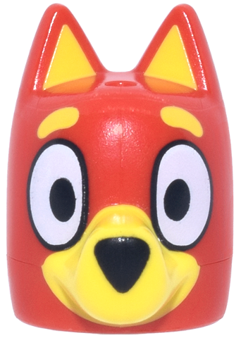 Minifigure, Head, Modified Dog (Cattle) with Straight Ears, Hole on Top with Molded Yellow Muzzle and Auricles and Printed Black and White Eyes and Nose Pattern