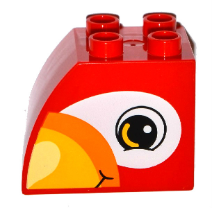 Duplo, Brick 2 x 3 x 2 Slope Curved with Circled Black Eye with Bright Light Orange Arc, Bright Light Yellow and Orange Beak, and White Eye Shadow, Parrot Head Pattern on Both Sides