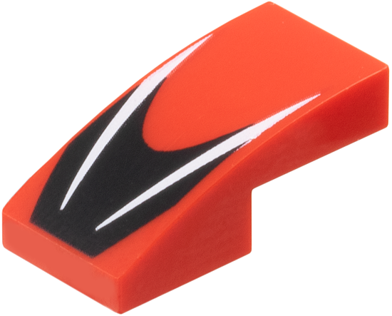 Slope, Curved 2 x 1 x 2/3 with 2 White Stripes on Black Chevron Pattern