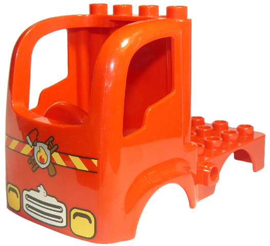 Duplo Car Body Truck 4 x 4 Flatbed with 4 Top Studs with Headlights and Fire Logo Pattern