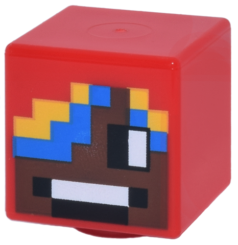 Minifigure, Head, Modified Cube with Pixelated Umber Face, Black and White Eyes and Mouth, Blue and Yellow Hair Pattern (Minecraft Parrot Handler)