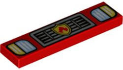 Tile 1 x 4 with Headlights and Silver Grille with Fire Logo Badge Pattern