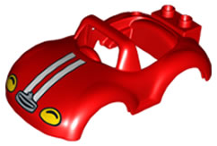 Duplo Car Body with Windscreen Frame with Yellow Headlights and White Racing Stripes Pattern