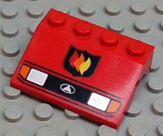 Vehicle, Mudguard 3 x 4 Slope with Silver Car Headlights, Orange Signal Lights, Black Grille with White Triangle in Oval Logo, Fire Logo Badge Pattern