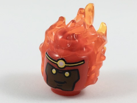 Minifigure, Head, Modified with Molded Trans-Orange Flaming Hair and Printed Reddish Brown Face, Yellow Eyes and Headband Pattern (Firestorm)