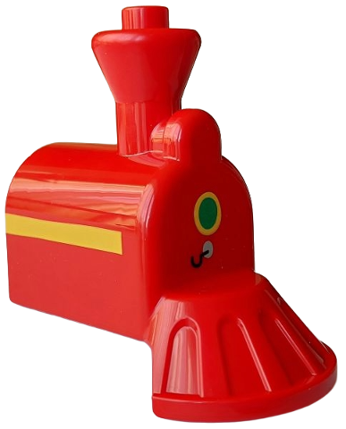 Duplo, Train Steam Engine Front with Cow Catcher with Green and Silver Oval with Black Hook on Front, Yellow Stripe on Both Sides Pattern
