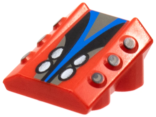 Brick, Modified 2 x 2 No Studs, Sloped with 6 Side Pistons Raised with Dark Gray, Blue, and Black Panel with White Ovals Pattern