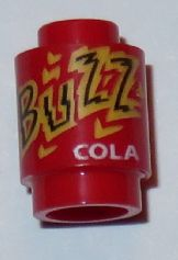 Brick, Round 1 x 1 with Black, Yellow and White 'BUZZ COLA' Pattern