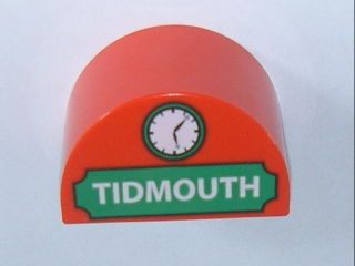 Duplo, Brick 2 x 4 x 2 Slope Curved Double with White 'TIDMOUTH' on Green Background and Clock Pattern