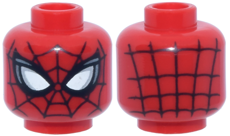 Red head with black spider-webbing pattern and large white eyes with silver and dark silver accents.