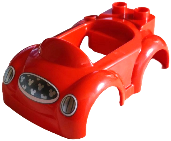 Duplo Car Body with 2 Studs on Back, Small Windshield and Hitch with Silver Headlights and Dark Silver Grille with Mouse Heads Pattern