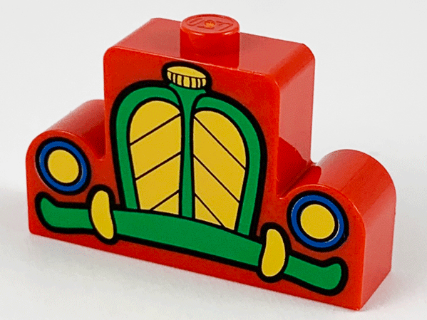 Brick, Modified 1 x 4 x 2 Center Stud Top with Yellow, Green, and Blue Car Grille, Headlights, and Bumper Pattern