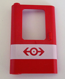 Door 1 x 4 x 5 Train Left, Thin Support at Bottom with White Stripe and Train Logo Pattern