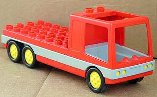 Duplo Truck with 4 x 8 Flatbed, Yellow Wheels, and Light Gray Cabin and Sides