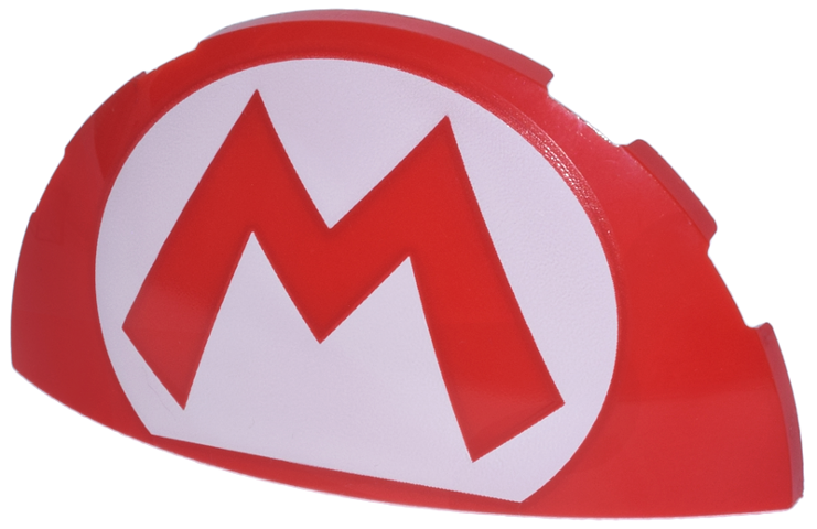 Brick, Round 3 x 6 x 1 Dome Half with Super Mario Logo Capital Letter M on White Oval Pattern
