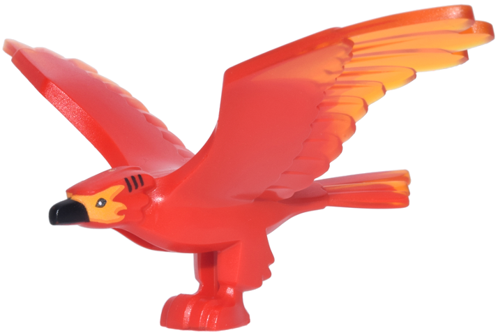 Phoenix, Spread Wings with Marbled Trans-Orange Feathers and Printed Black Beak, Eyes and Stripes, Bright Light Orange Face Pattern (HP Fawkes)