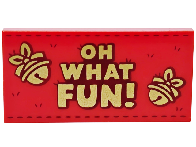 Tile 2 x 4 with Gold Bells and 'OH WHAT FUN!' with Dark Red Outline Pattern