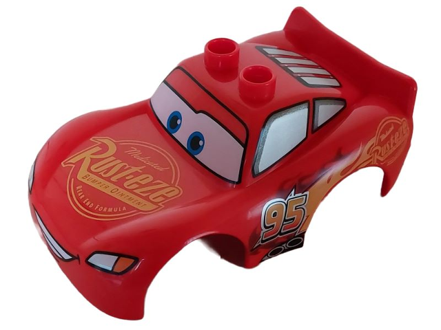 Duplo Car Body 2 Top Studs and Spoiler with Cars Lightning McQueen Rust-eze, Wide Smile and Low Front Window Pattern