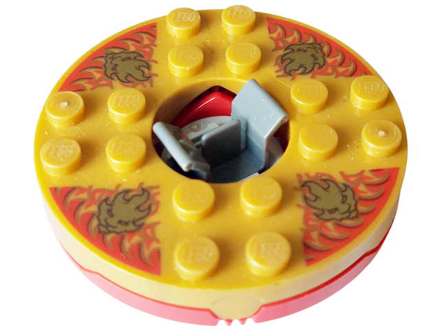 Turntable 6 x 6 x 1 1/3 Round Base with Pearl Gold Top with Gold Faces on Red Pattern (Ninjago Spinner)